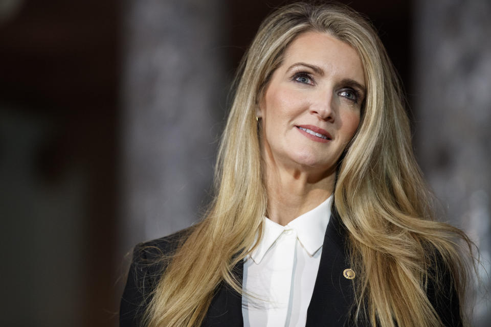 Sen. Kelly Loeffler, R-Ga., arrives for a re-enactment of her swearing-in, Monday Jan. 6, 2020, on Capitol Hill in Washington. (AP Photo/Jacquelyn Martin)