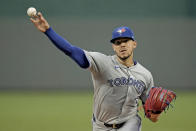 Toronto Blue Jays starting pitcher Jose Berrios throws during the first inning of a baseball game against the Kansas City Royals Thursday, April 25, 2024, in Kansas City, Mo. (AP Photo/Charlie Riedel)