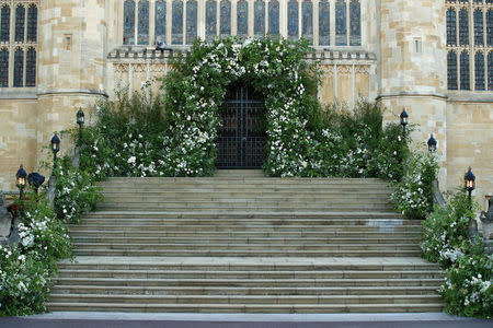 Flowers and foliage surround the West Door and steps of St George's Chapel at Windsor Castle for the wedding of Prince Harry to Meghan Markle. May 19, 2018. Danny Lawson/Pool via REUTERS