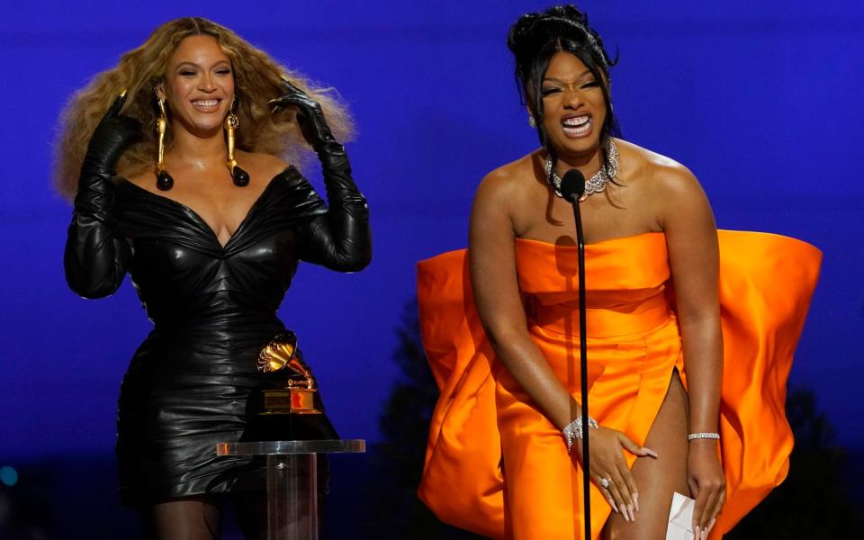 Beyonce, left, and Megan Thee Stallion accept the award for best rap song for "Savage"  - Invision