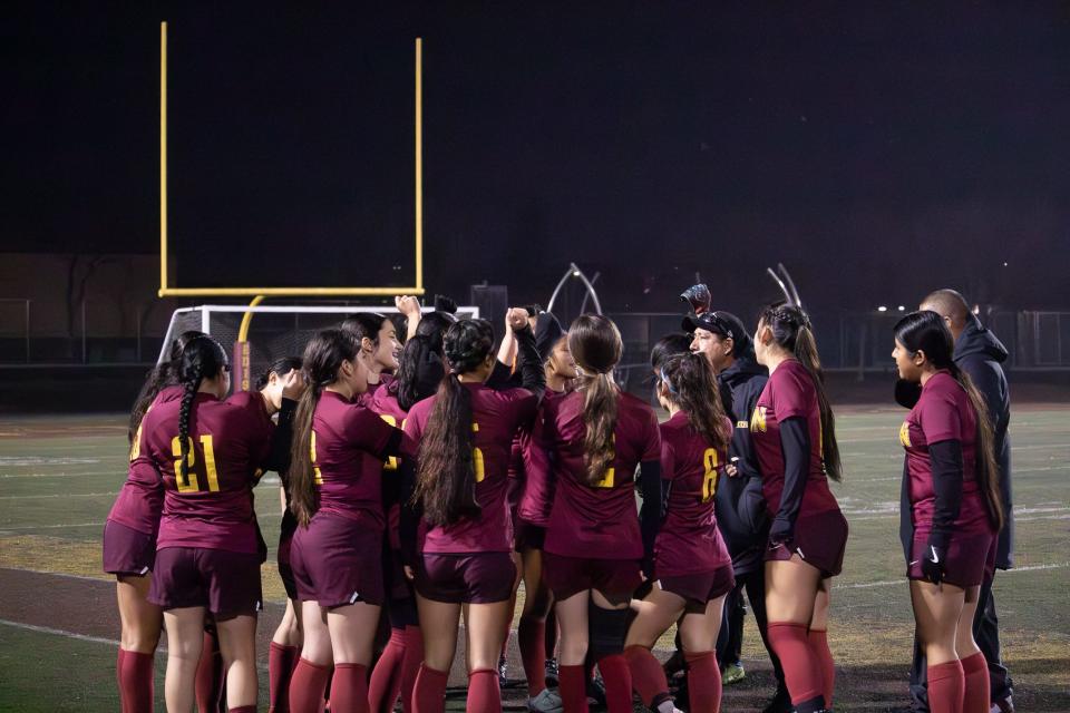 Edison girls soccer team cheering before the game began at Edison High School in Stockton, CA on Jan. 19, 2024.
