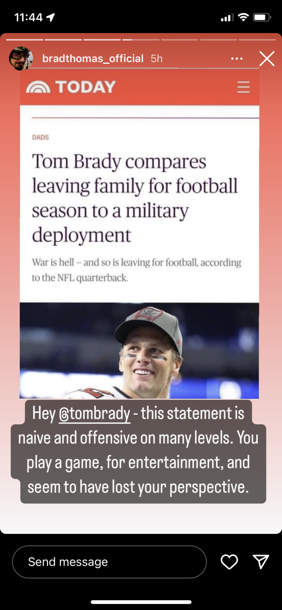 Military veteran Brad Thomas condemns Tom Brady’s comments comparing football season to military deployment (Instagram / Brad Thomas)