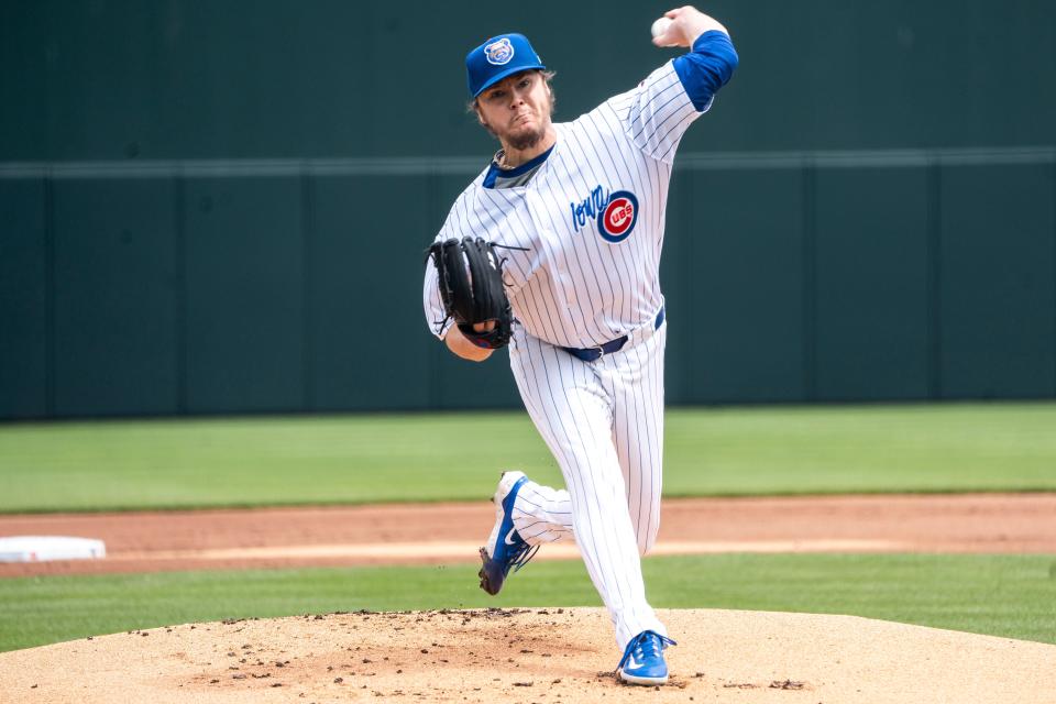 Justin Steele pitches during a game against the Omaha Storm Chasers at Principal Park on Wednesday. Steele finished fifth in Cy Young voting in 2023 and was working his way back from an injury he suffered with Chicago on Opening Day.