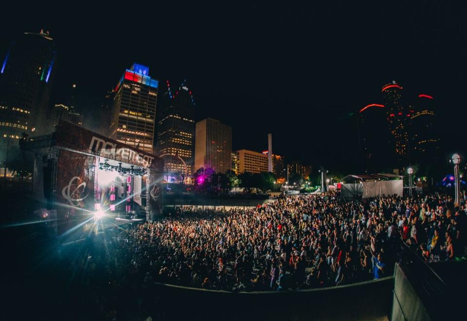 Fans pack Detroit's Hart Plaza for the Movement electronic music festival on May 29, 2022.