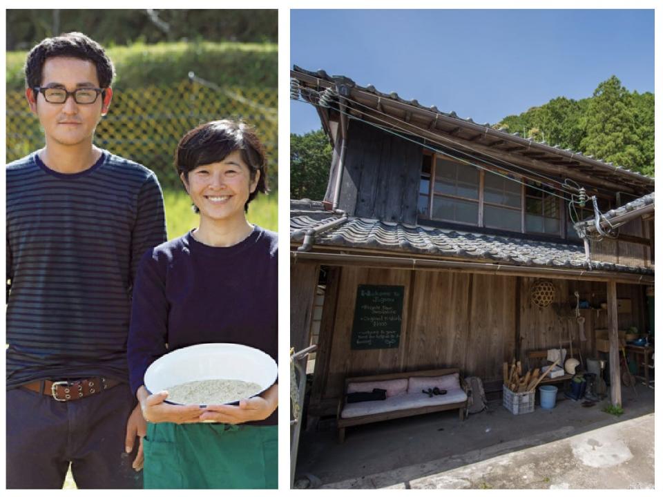 The couple smiling in a field with a bowl and an exterior shot of their renovated farmhouse