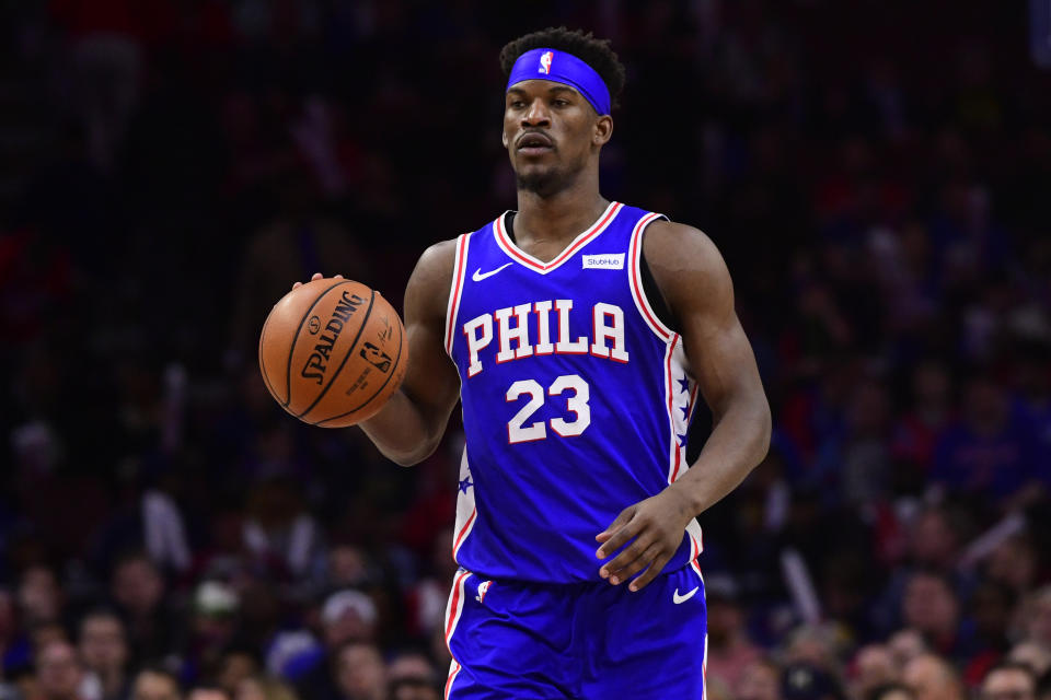 PHILADELPHIA, PA - MARCH 28: Jimmy Butler #23 of the Philadelphia 76ers dribbles during the fourth quarter at the Wells Fargo Center on March 28, 2019 in Philadelphia, Pennsylvania. The 76ers defeated the Nets 123-110. NOTE TO USER: User expressly acknowledges and agrees that, by downloading and or using this photograph, User is consenting to the terms and conditions of the Getty Images License Agreement. (Photo by Corey Perrine/Getty Images)