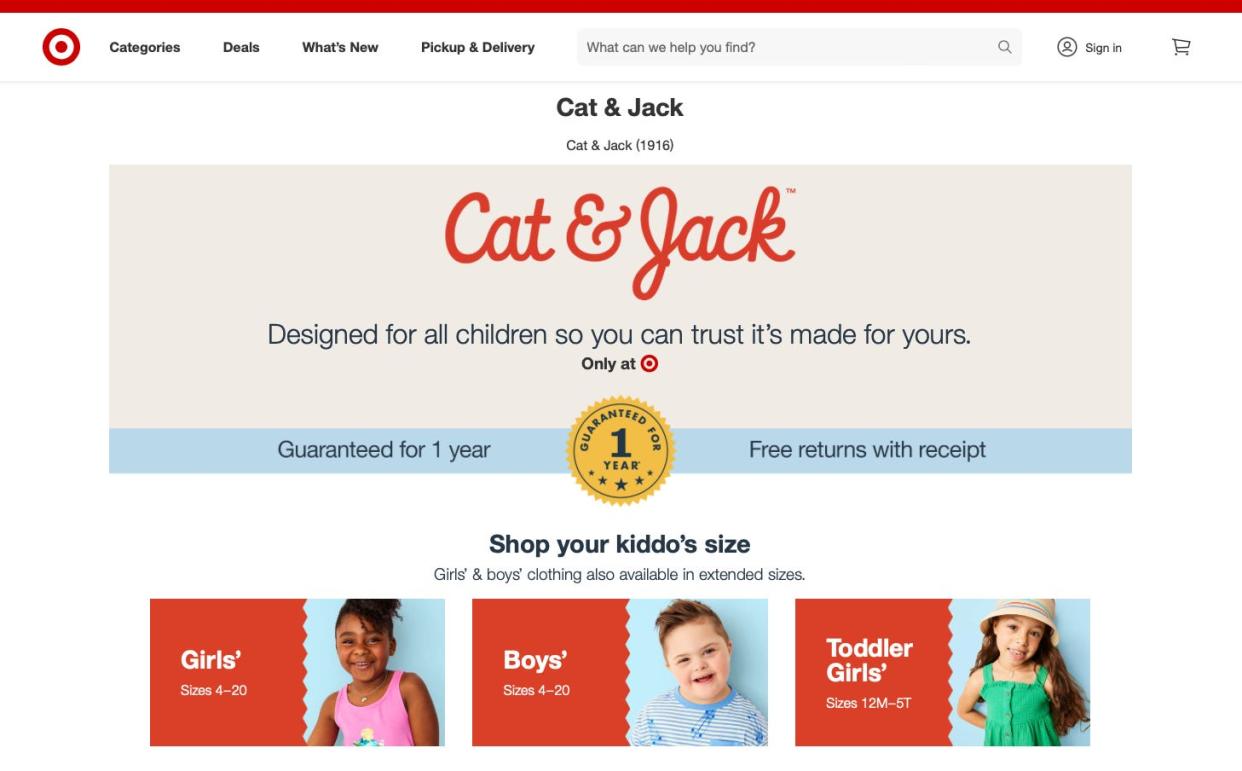 A screenshot of the Cat & Jack page on Target.com