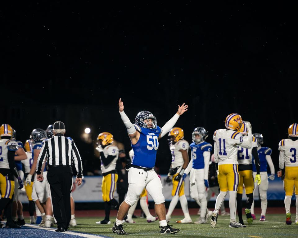 Whitesboro's Vincent Zajac celebrates a touchdown during Friday's semifinal victory over Rochester East/World of Inquiry.