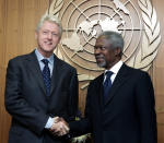 FILE - In this Wednesday, April 13, 2005 file photo former President Bill Clinton, the United Nations special envoy for tsunami recovery, meets U.N. Secretary General Kofi Annan, at U.N. headquarters. Annan, one of the world's most celebrated diplomats and a charismatic symbol of the United Nations who rose through its ranks to become the first black African secretary-general, has died. He was 80. (AP Photo/Richard Drew, File)