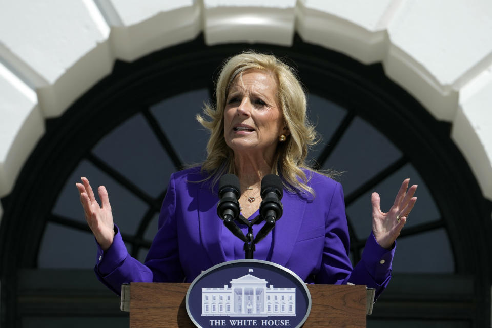 First lady Jill Biden speaks before the start of the Wounded Warrior Project's Soldier Ride on the South Lawn of the White House in Washington, Wednesday, April 24, 2024. (AP Photo/Susan Walsh)