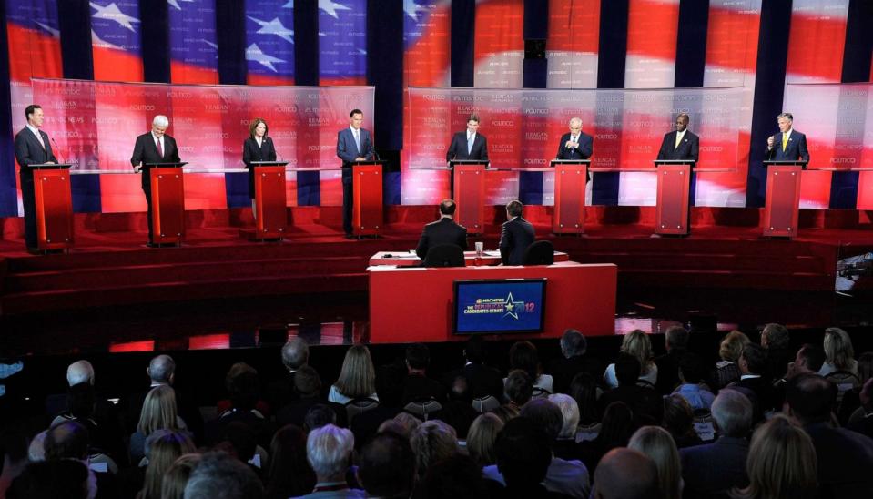 PHOTO: In this Sept. 7, 2011, file photo, Republican candidates Rick Santorum, Newt Gingrich, Michele Bachmann, Mitt Romney, Rick Perry, Ron Paul, Herman Cain and Jon Huntsman debate at the Ronald Reagan Presidential Library in Simi Valley, Calif. (Kevork Djansezian/Getty Images, FILE)