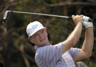 South Africa's Ernie Els tees off on the second hole during the Australian Open Golf Pro-AM in Sydney, Wednesday, Dec. 4, 2019. The Australian Open begins Thursday. (AP Photo/Rick Rycroft)