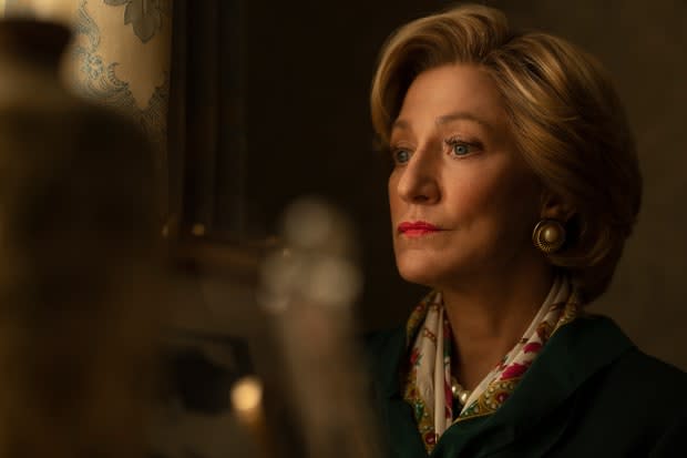 First Lady Hillary Clinton (Edie Falco) fixes her scarf in the staff restroom.<p>Photo: Kurt Iswarienko/Courtesy of FX</p>