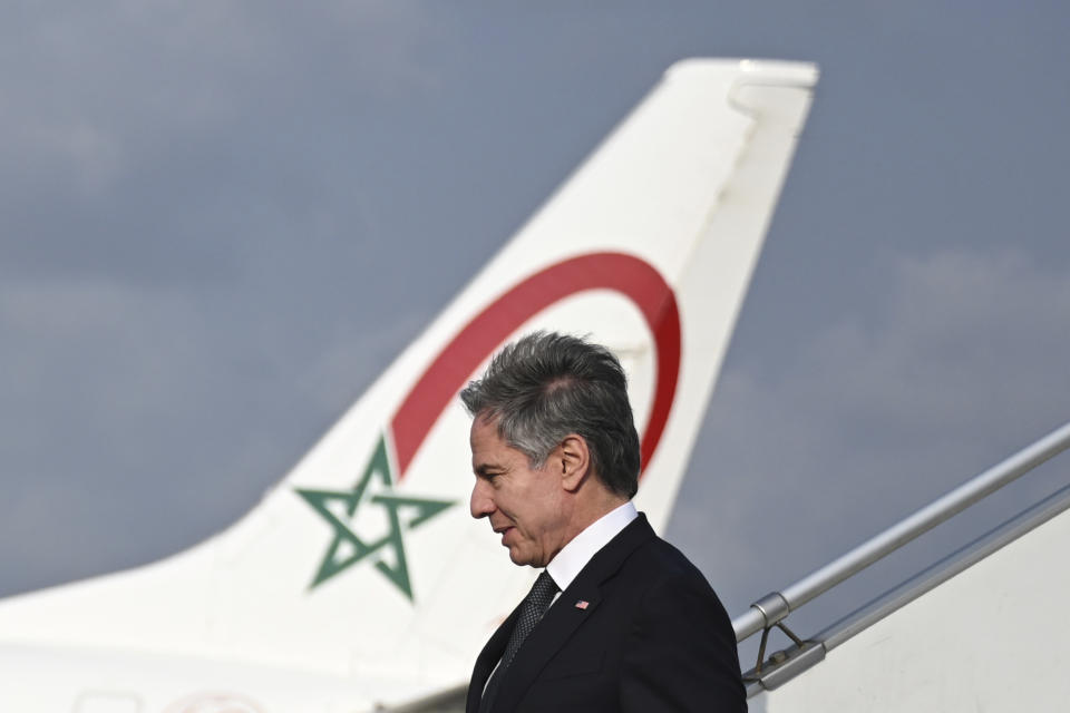 US Secretary of State Antony Blinken arrives at the Felix Houphouet-Boigny International Airport in Abidjan, Ivory Coast, Monday, Jan. 22, 2024. (Andrew Caballero-Reynolds/Pool Photo via AP)