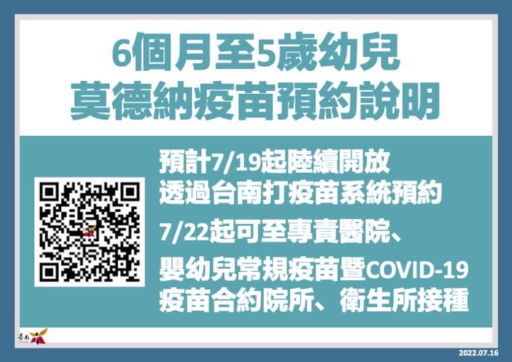 台南市6個月至5歲幼兒第1劑莫德納，將於19日開放預約。（南市衛生局提供）