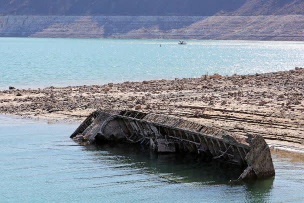 PHOTO: A sunken World War II-Era Higgins landing craft that was nearly 200 feet underwater, is revealed near the Lake Mead Marina as the waterline continues to recede due to ongoing drought in the Lake Mead National Recreation Area, Nev., July 1, 2022.  (Ethan Miller/Getty Images)