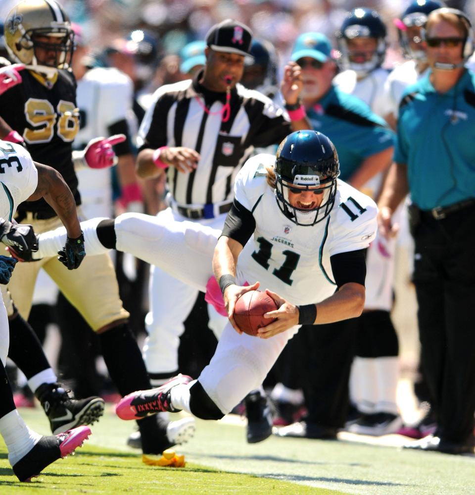 Jaguars quarterback Blaine Gabbert (11) scrambles in the first quarter on a play that was brought back by a penalty. The Jacksonville Jaguars lost to the New Orleans Saints 23-10 at EverBank Field on Sunday, October 02, 2011 in Jacksonville, Florida. [Bruce Lipsky/Florida Times-Union]