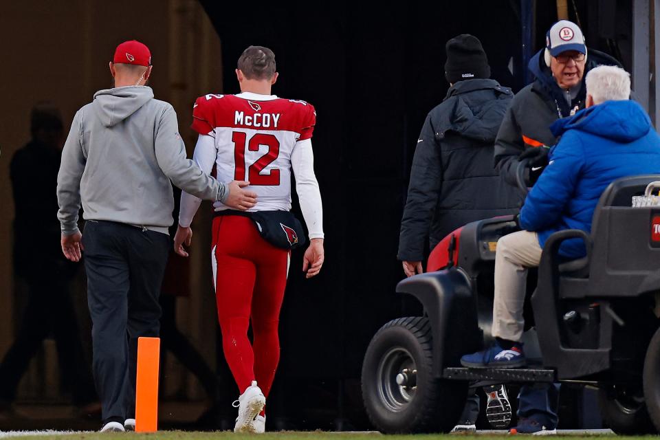 Colt McCoy #12 of the Arizona Cardinals leaves the field during the third quarter in the game against the Denver Broncos at Empower Field At Mile High on Dec. 18, 2022, in Denver, Colorado.