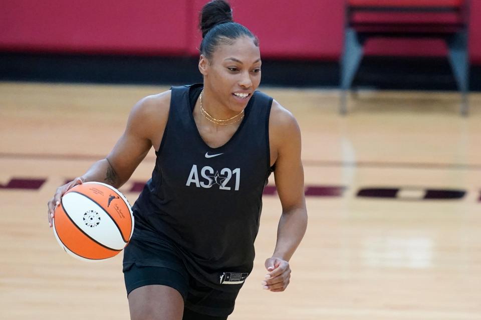 Betnijah Laney drives up the court during practice for the WNBA All-Star Basketball team, Tuesday, July 13, 2021, in Las Vegas. (AP Photo/John Locher)