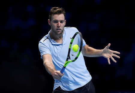 Tennis - ATP World Tour Finals - The O2 Arena, London, Britain - November 12, 2017 USA's Jack Sock in action during his group stage match against Switzerland's Roger Federer Action Images via Reuters/Tony O'Brien