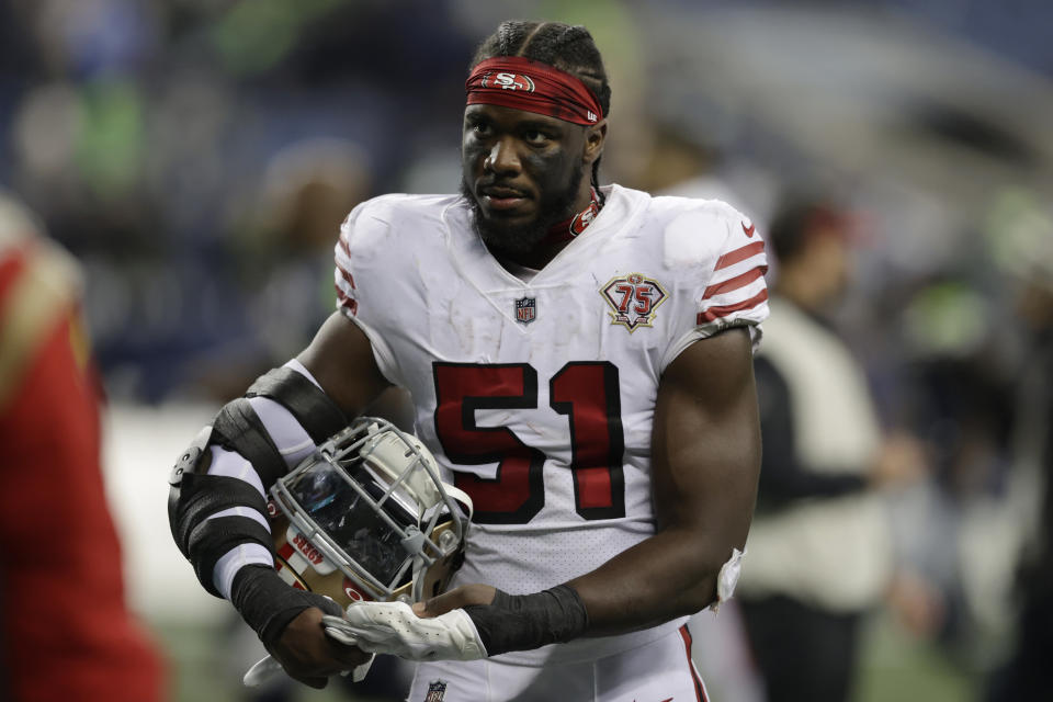 San Francisco 49ers outside linebacker Azeez Al-Shaair (51) walks off the field after an NFL football game against the Seattle Seahawks, Sunday, Dec. 5, 2021, in Seattle. The Seahawks won 30-23. (AP Photo/John Froschauer)