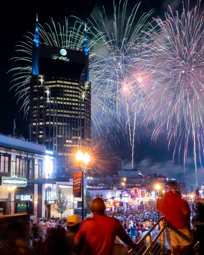Fireworks light up the sky over Broadway during the Let Freedom Sing! Music City July 4th event in Nashville on July 4, 2021.
