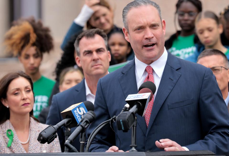 Speaker of the House Charles McCall speaks at a pro-school choice rally on the south steps of the Oklahoma state Capitol on March 30, 2023, in Oklahoma City, Okla.