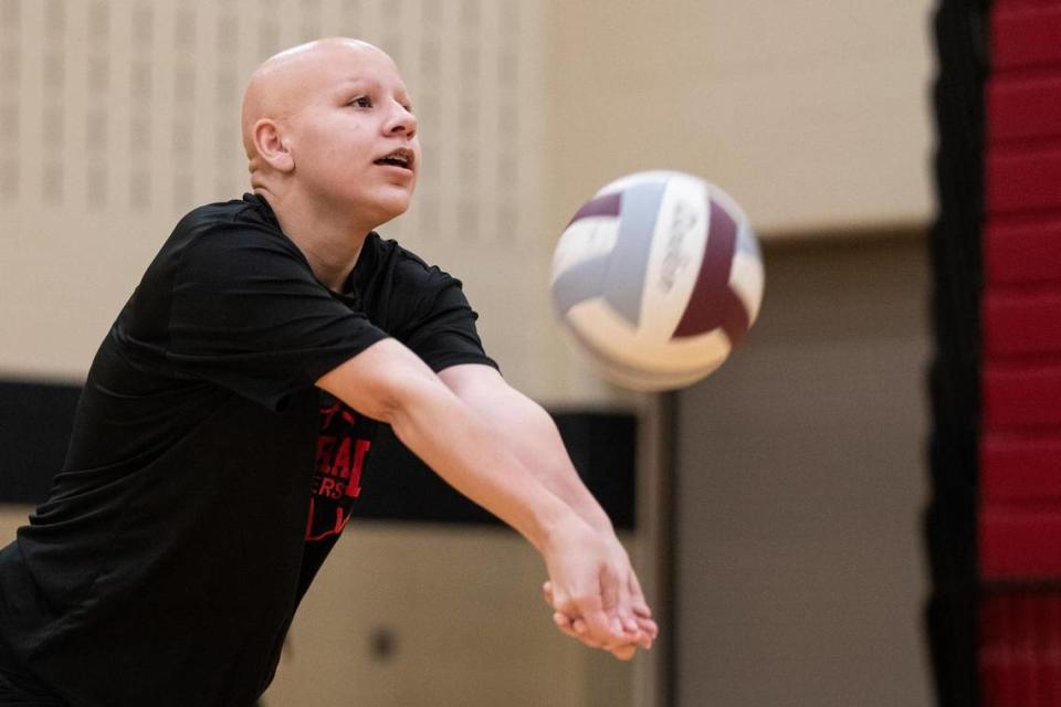 Central volleyball player Allison Montoya bumps the ball during practice Sept. 29, 2021, in Keller.