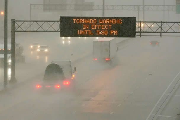 PHOTO: The Mississippi Department of Transportation digital message board warns drivers along I-55 of a tornado warning during the outbreak of severe weather in the state, March 30, 2022. (Rogelio V. Solis/AP, FILE)