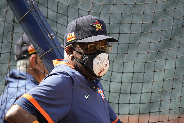 Houston Astros manager Dusty Baker Jr. watches during a baseball practice Wednesday, Oct. 6, 2021, in Houston. The Astros will host the Chicago White Sox in an American League Division Series game Thursday. (AP Photo/David J. Phillip)