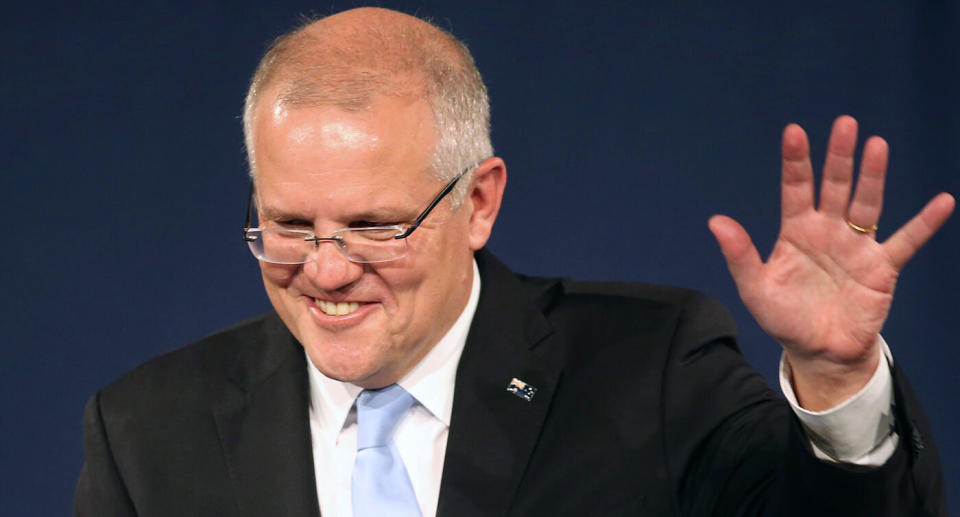 2019 Federal election: Prime Minister Scott Morrison celebrating a win for the LNP on Saturday.