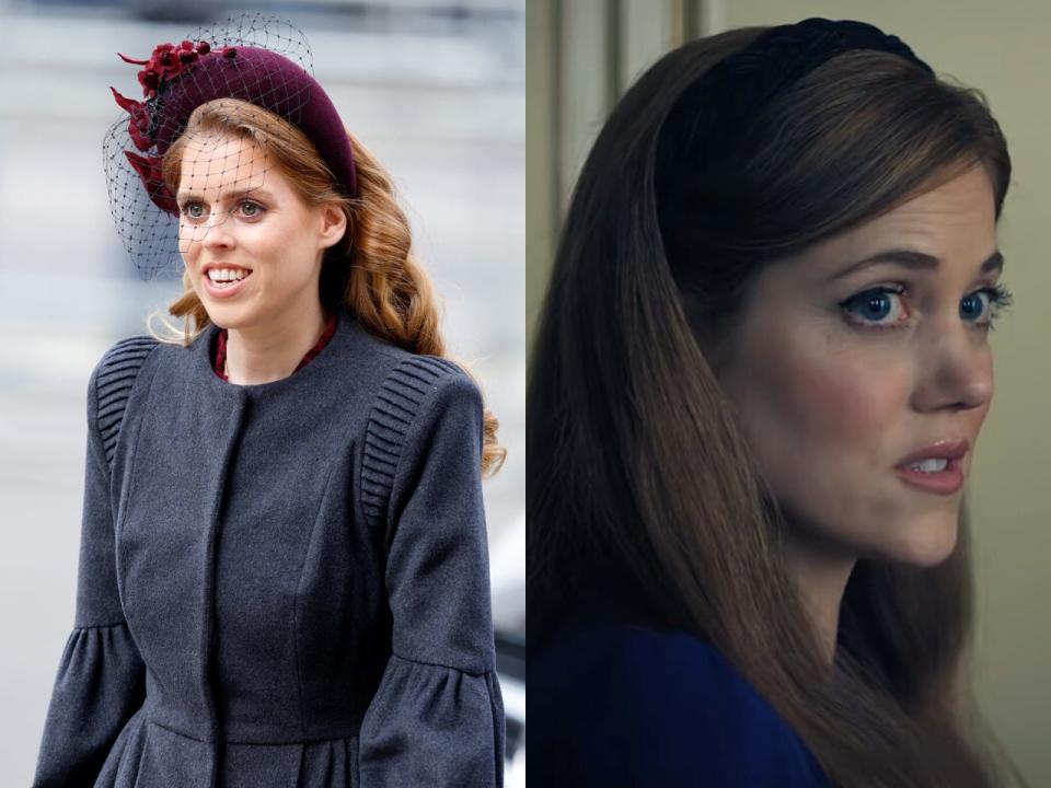 Princess Beatrice in 2022 and Charity Wakefield as the princess in "Scoop."