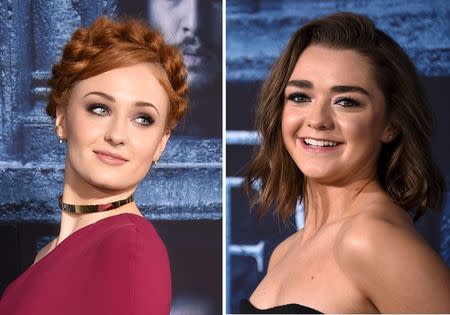 Cast members Sophie Turner (L) and Maisie Williams are shown in this combination photo at they attend the premiere for the sixth season of HBO's "Game of Thrones" in Los Angeles April 10,, 2016. REUTERS/Phil McCarten/File Photos