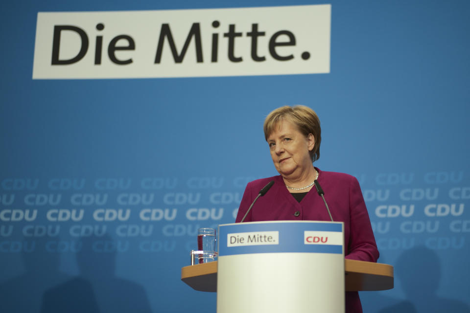 German Christian Democratic Party, CDU, chairwoman and Chancellor Angela Merkel addresses a news conference after a party's leaders meeting at the headquarters the in Berlin, Germany, Monday, Oct. 29, 2018. (AP Photo/Markus Schreiber)