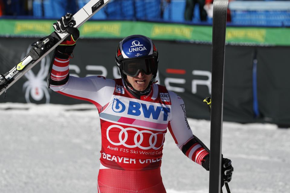 Austria's Matthias Mayer reacts after finishing a Men's World Cup super-G skiing race Friday, Dec. 6, 2019, in Beaver Creek, Colo. (AP Photo/John Locher)