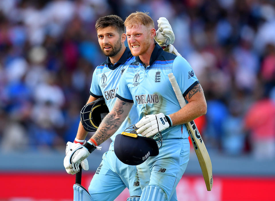 Mark Wood (pictured left) hypes up Ben Stokes (pictured right) before the World Cup final super over.