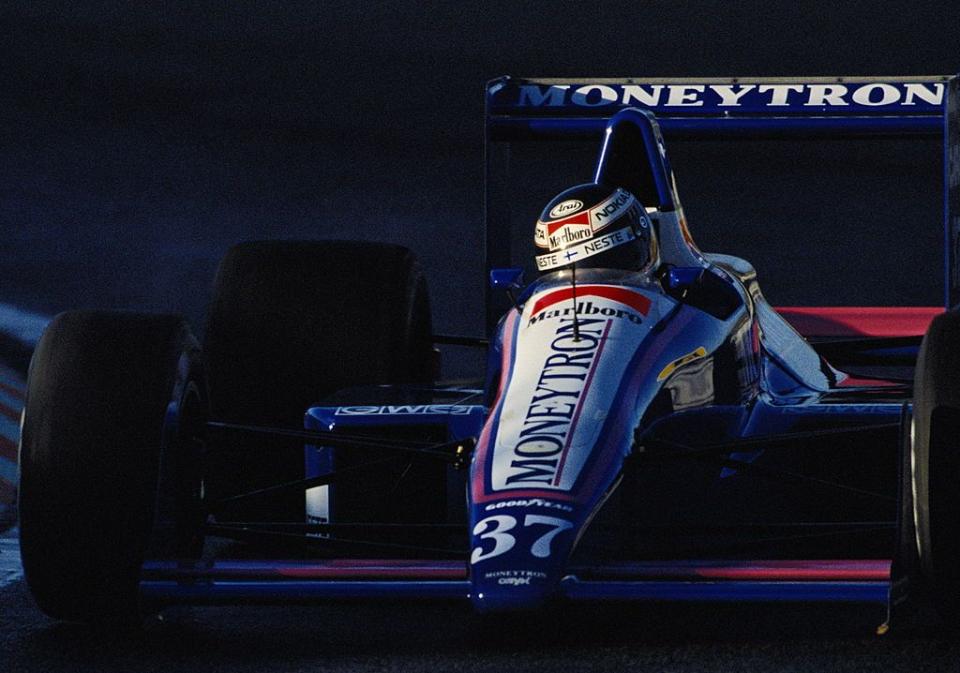 jyrki jj lehto drives the 37 moneytron onyx ore 1 ford cosworth dfr 35 v8  during prequalifying for the portuguese grand prix on 22nd september 1989 at the autodromo do estoril in estoril, portugalphoto by pascal rondeaugetty images