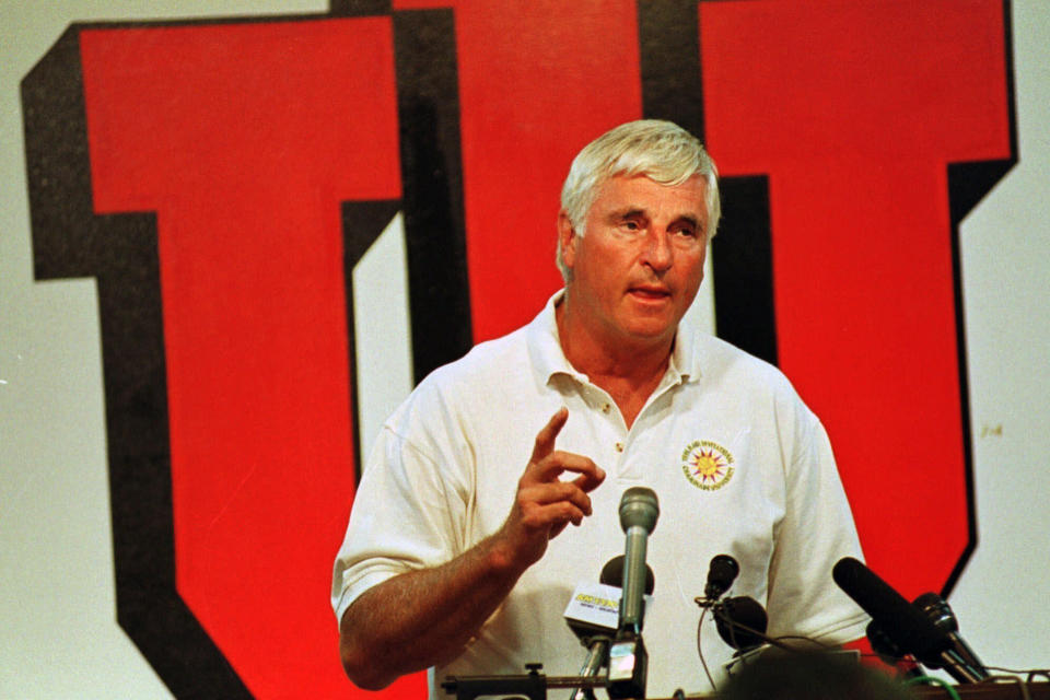 FILE - Indiana University basketball coach Bobby Knight gestures during a news conference in Bloomington, Ind., in this Wednesday, June 16, 1999, file photo. Tony Hinkle turned Butler's pass-and-cut offense of the 1920s into a coaching textbook for generations. Bob Knight and Gene Keady added their own revisions following Hinkle's forced retirement in 1970. Today, those three remain the gold standard of basketball innovation in Indiana, a state where successful coaches have spent more than a century testing novel concepts, breaking barriers and polishing philosophies before introducing them America.(AP Photo/Chuck Robinson, File)