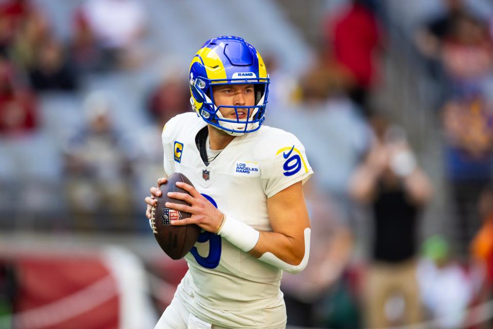 Los Angeles Rams quarterback Matthew Stafford (9) prior to the game against the Arizona Cardinals at State Farm Stadium in Glendale on Nov. 26, 2023.