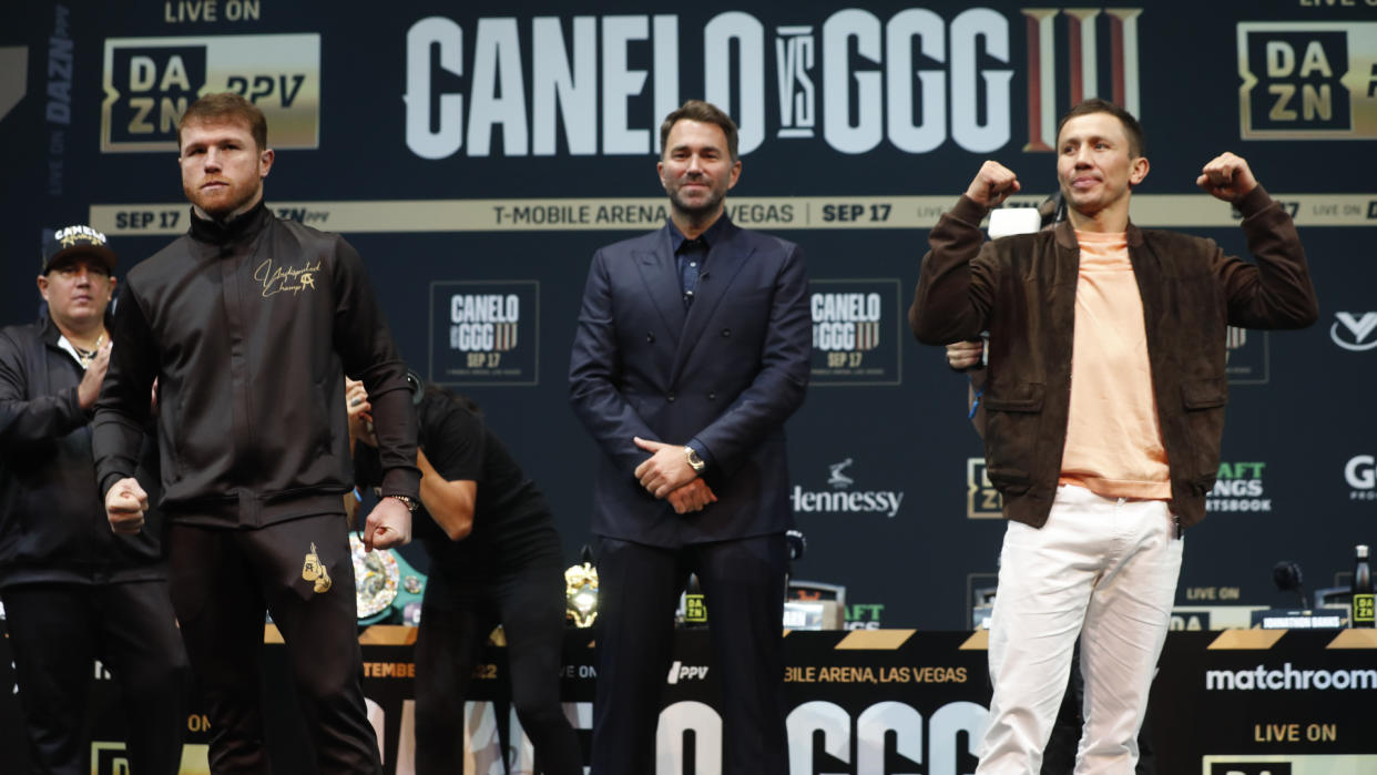  Canelo and GGG pose at the final press conference ahead of their trilogy fight 