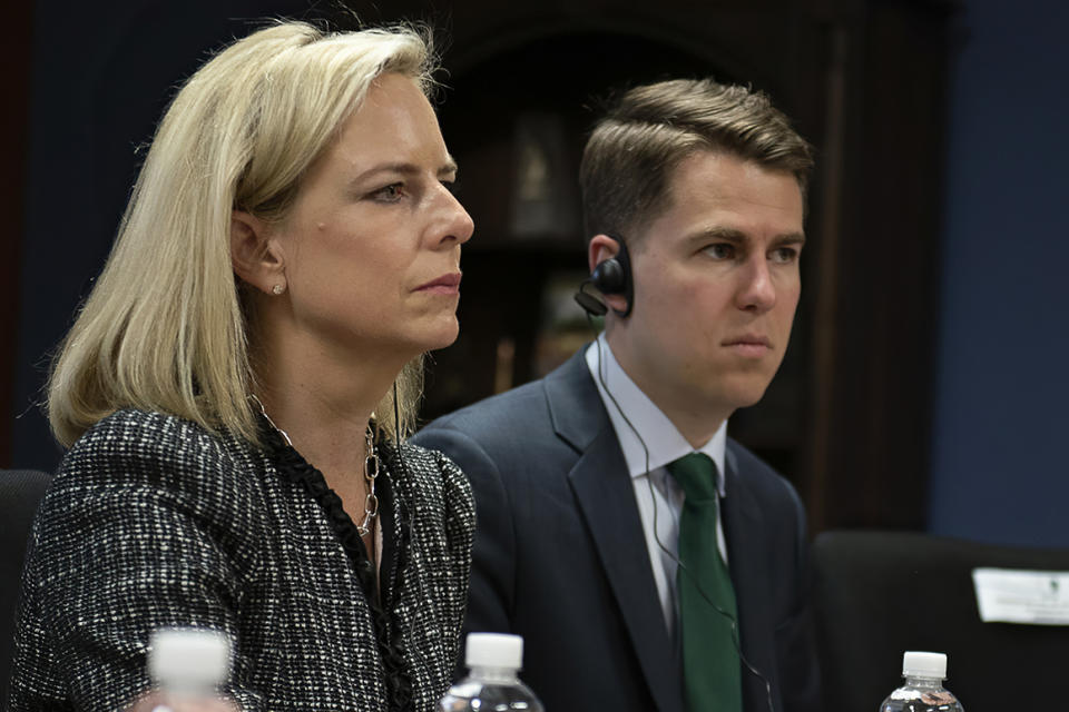 Then-Secretary of Homeland Security Kirstjen Nielsen and then-Department of Homeland Security chief of staff Miles Taylor, right, are pictured.