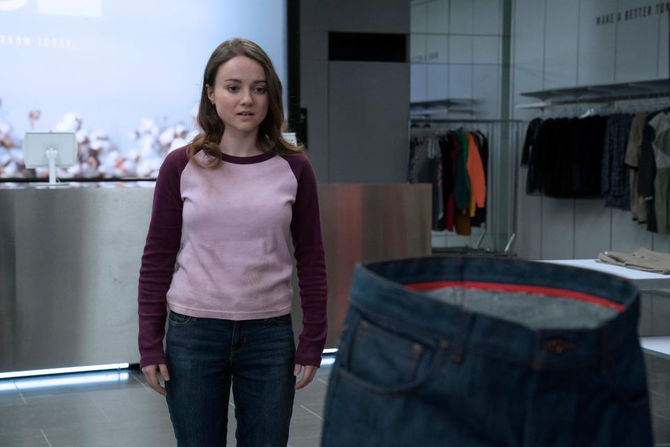 Romane Denis plays a young woman whose first day at her new clothing-store job involves possessed jeans in the horror comedy "Slaxx."