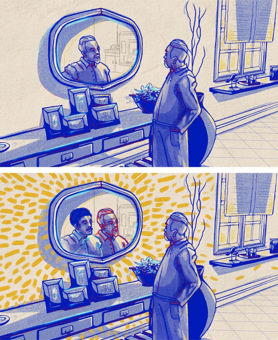 Because they may not remember what they look like or only envision themselves the way they looked when they were younger, a person with dementia may look at themselves in a mirror but only see a stranger or someone in their room without permission.