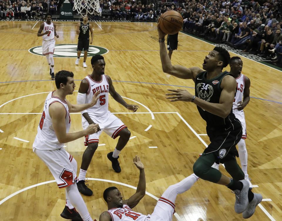 Giannis Antetokounmpo went first overall during a recent midseason fantasy hoops draft (AP Photo).