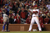 ST LOUIS, MO - OCTOBER 27: Mike Napoli #25 of the Texas Rangers calls for the intentional walk of Albert Pujols #5 of the St. Louis Cardinals in the 10th inning during Game Six of the MLB World Series at Busch Stadium on October 27, 2011 in St Louis, Missouri. (Photo by Jamie Squire/Getty Images)