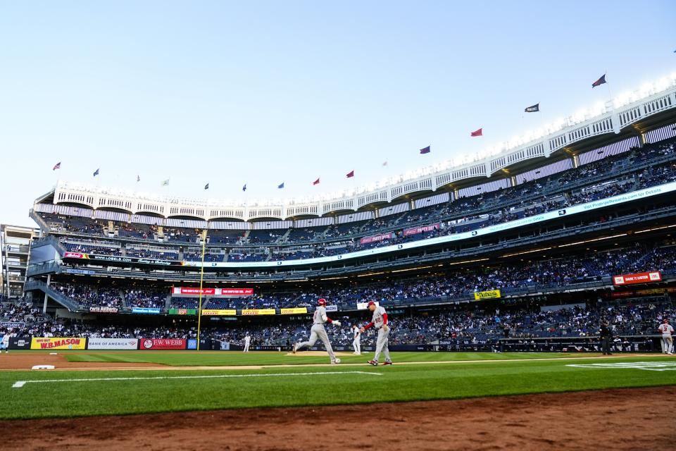 Los Angeles Angels' Shohei Ohtani heads for home after hitting a two-run home run against the New York Yankees during the first inning of a baseball game Tuesday, April 18, 2023, in New York. (AP Photo/Frank Franklin II)