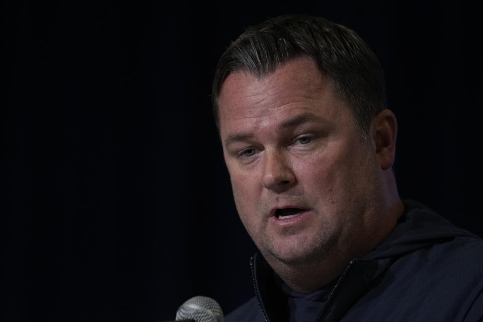 Carolina Panthers generall manager Scott Fitterer speaks during a press conference at the NFL football scouting combine in Indianapolis, Wednesday, March 1, 2023. (AP Photo/Michael Conroy)