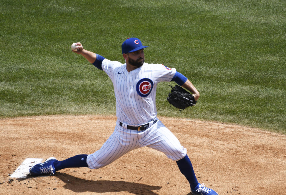 Chicago Cubs starting pitcher Tyler Chatwood throws against the Milwaukee Brewers during the first inning of a baseball game Sunday, July, 26, 2020, in Chicago. (AP Photo/David Banks)