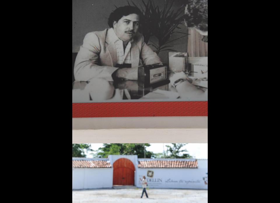 A picture of late drug trafficker Pablo Escobar is hung from a wall inside the Napoles ranch thematic park in Puerto Triunfo municipality, Antioquia department, Colombia on June 21, 2009. The Napoles ranch, which has an area of 2,200 hectares and was built by Escobar, has turned into a thematic park with a memorial museum with differents exotic animals and a Jurassic Park. AFP PHOTO/Raul Arboleda (Photo credit should read RAUL ARBOLEDA/AFP/Getty Images)