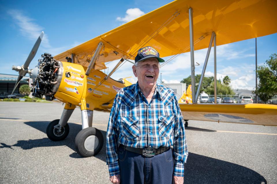 World War II veteran and Eustis, Florida resident John “Papa John” McCrary, 92, was invited to ride in a restored WWII Boeing-Stearman which was used to train pilots for WWII through the Dream Flights national program.